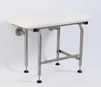 A white shower bench with chrome legs.