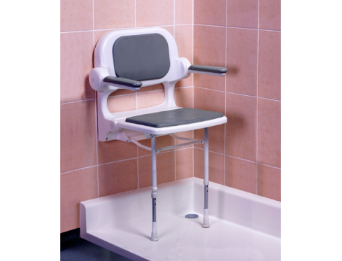A shower seat with arms and back rest