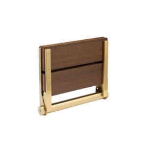 Bilanx Shower Seat with Brazilian Walnut slats and Brushed Gold finish.